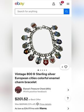 Vintage 800 & Sterling silver 15 European cities colorful enamel charm bracelet